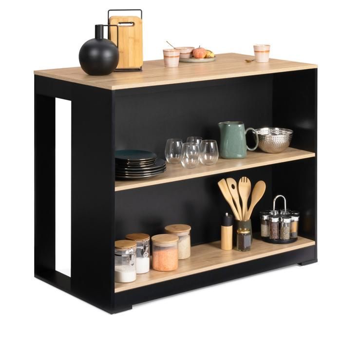IDMARKET Table de bar îlot JUNO bois noir et plateau façon hêtre