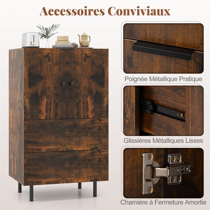 Armario de almacenamiento COSTWAY con cajones, 2 puertas, patas de metal, mueble pequeño para dormitorio, sala de estar, cocina, marrón.