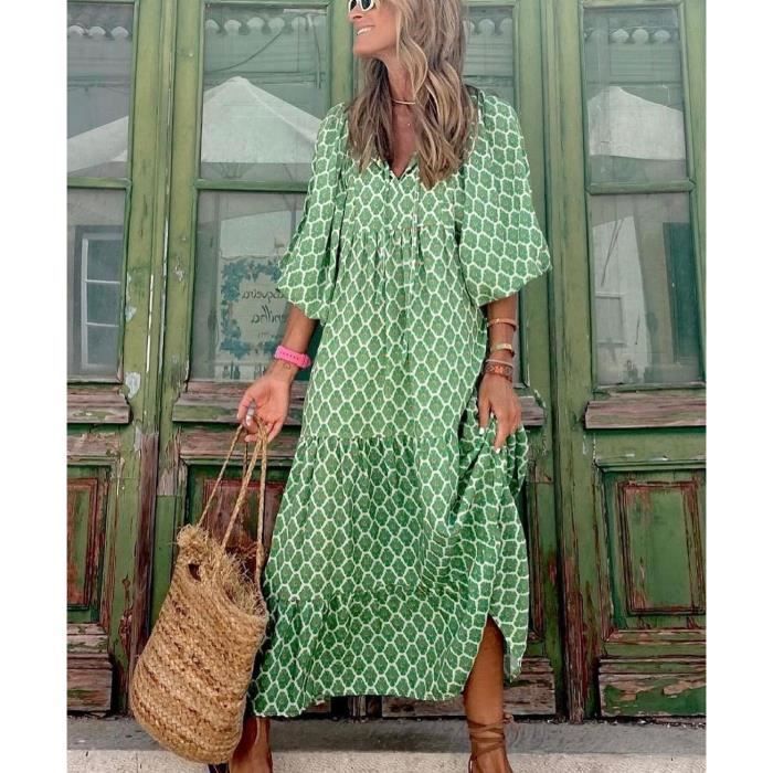 Elegante vestido largo con mangas abullonadas para mujer, estampado floral informal, escote en V, verde verano.