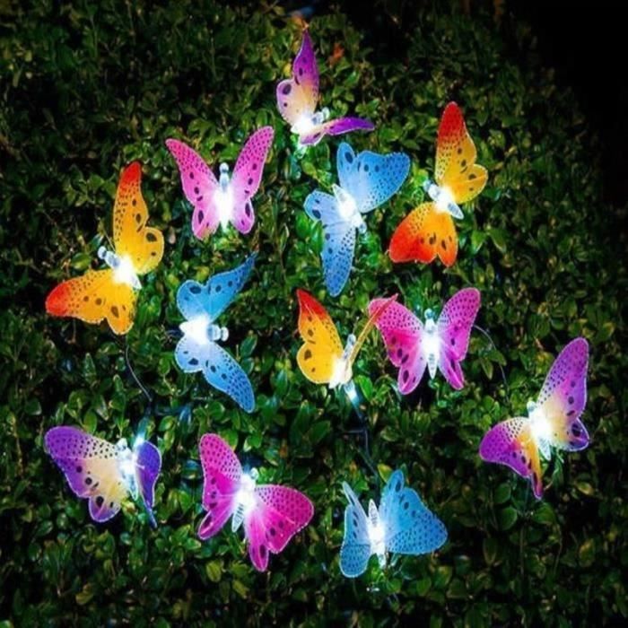 Guirnalda de luces para exteriores - 12 LED - Alimentación solar - Mariposa de fibra - Colorida