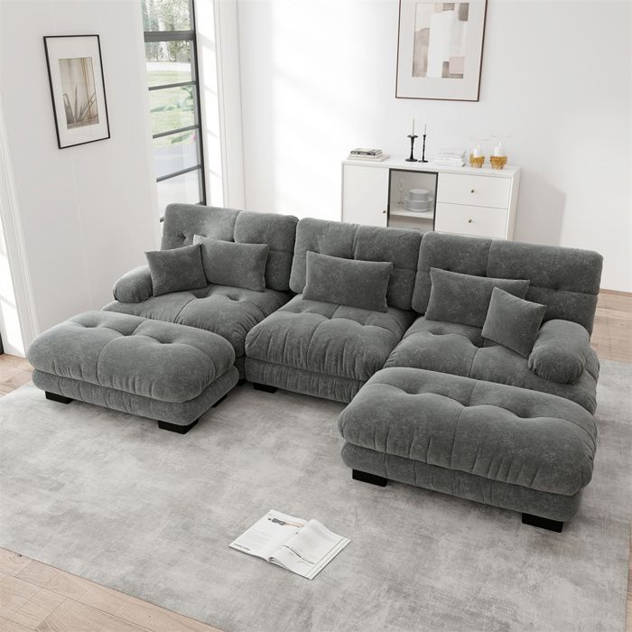 DRIPEX Cloud 4/5-Sitzer U-förmiges Sofa für das Wohnzimmer, skandinavisches Chenille-Sofa mit Kissen und Hocker, 313 × 145 × 81 cm, Grau