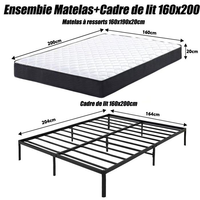 Ensemble Matelas et Sommier 160x200,Lit 160x200 avec Sommier et Matelas,Matelas à Ressorts 160x200x20cm