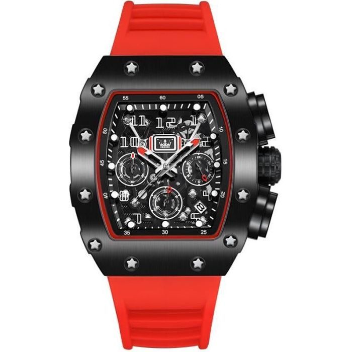 Orologio cronografo da uomo SHARPHY con quadrante tonneau luminescente e cinturino in gomma rosso acceso.