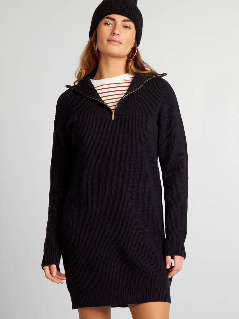 Suéter longo de gola alta com zíper - preto