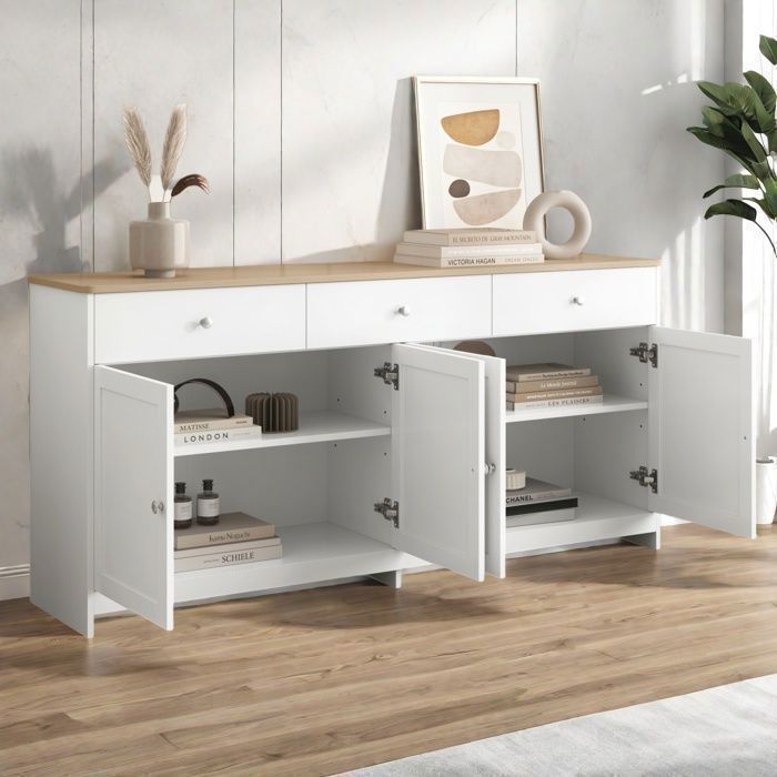 Buffet Moderne,Buffet Bas,Buffet bahut avec 3 tiroirs et 4 portes,Rangement,Armoire de Cuisine,160x37x75cm,Blanc,Pour Salon,Cuisine