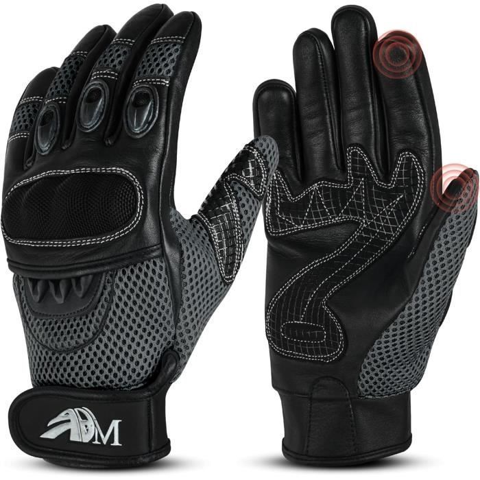 Guantes de cuero para moto/scooter ADM con certificación CE + logotipo de motorista - Suaves y transpirables - Gris y negro