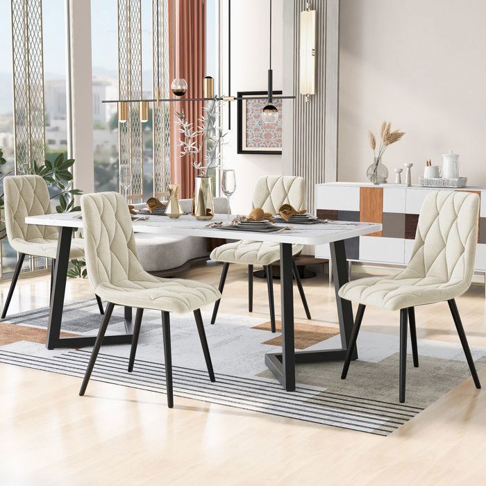 Conjunto de mesa de jantar de 117×68 cm com 4 cadeiras - Conjunto moderno de mesa e cadeiras para cozinha/sala de estar - Cadeiras em veludo bege