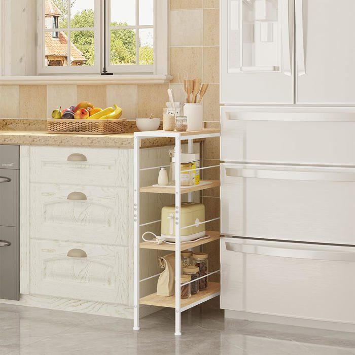 Estantería de almacenamiento WOLTU, estrecha, de 4 niveles, para cocina y salón, MDF, estructura metálica, roble claro + blanco, 50x20x78cm