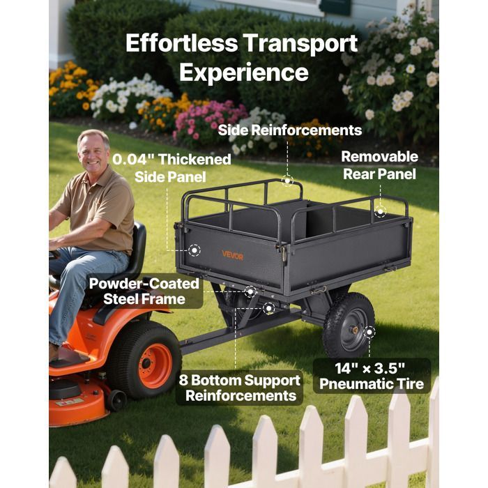 Remolque basculante VEVOR 283L - Remolque de acero para tractor cortacésped - Capacidad de carga 226,8 kg