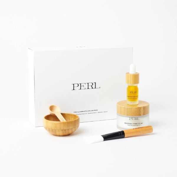 Set de mascarilla de arcilla rosa británica y aceite iluminador de PERL Cosmetics