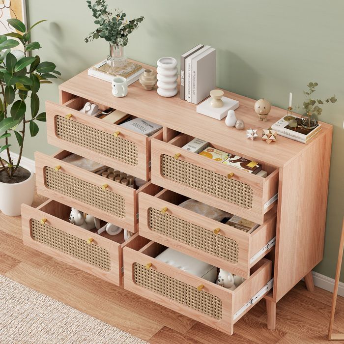 Commode - 6 Tiroirs - Bois Naturel - Finition en Rotin - Style Vintage