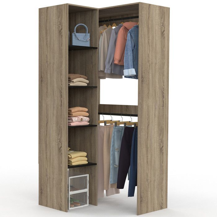 IDMARKET Dressing d'angle modulable L. 90 / 127 cm MELMAN double penderie + étagères bois et noir