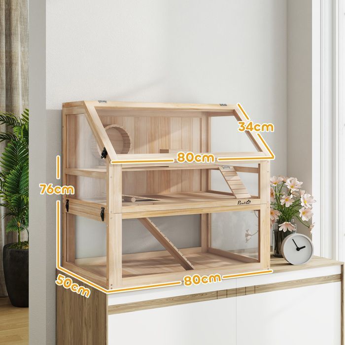Houten hamsterkooi - knaagdierenkooi - PawHut - 3 verdiepingen met verwijderbare bodem, schuilplaats, schommel - 80x50x76cm - natuurlijke houtafwerking