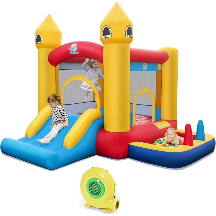 GOPLUS 4-in-1 opblaasbaar kasteel met blower, opblaasbaar speelgebied met glijbaan, zwembad, springgedeelte, enz., voor 2 kinderen tot 90 kg