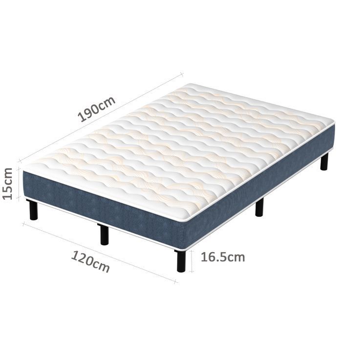 Conjunto de colchón y base de cama, 120 x 190 cm, 15 cm de grosor, colchón de muelles ensacados STANEW y robusto marco de cama de hierro con 9