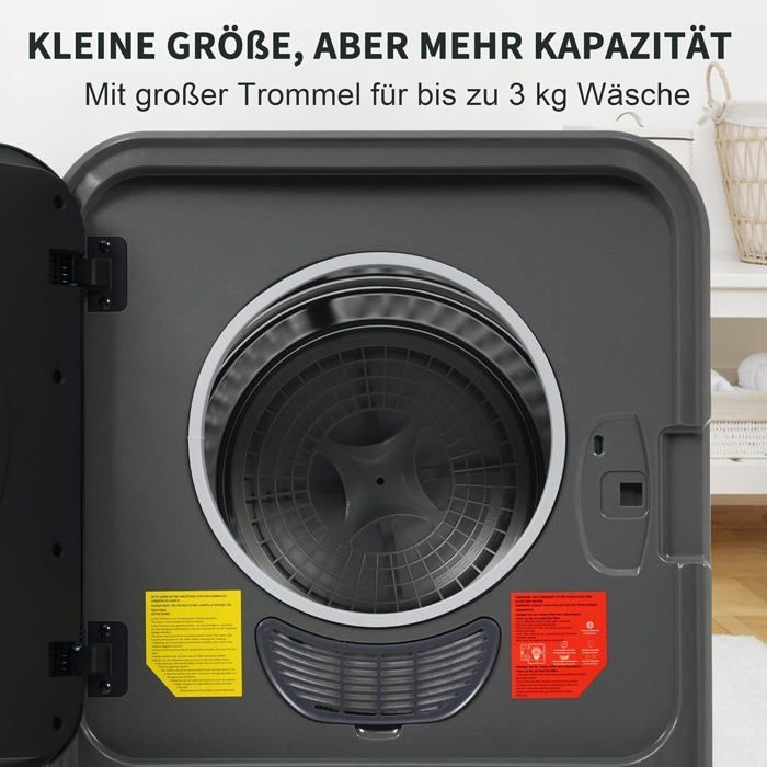 Draagbare wasdroger - 5 droogstanden - Capaciteit van 3 kg (werkelijk tot 4,5 kg) - Meervoudige filtratie, zwart