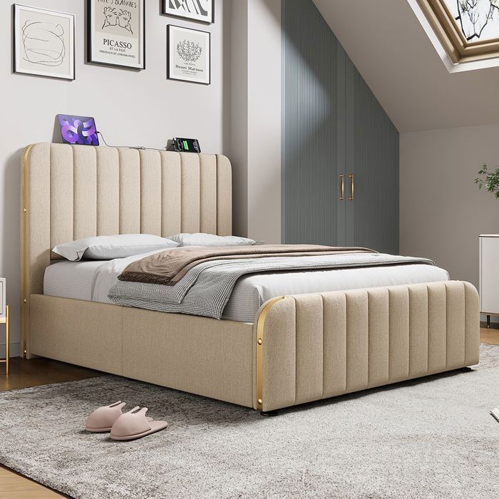Opbergbed, gestoffeerd bed, dubbel gewatteerd hoofdeinde met USB Type-C oplaadfunctie, bed van 140x200 cm, beige