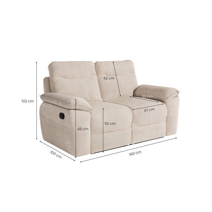 ROSS 2-seater manual reclining sofa in corduroy - Beige - W160 x D100 x H102cm - LOUNGITUDE