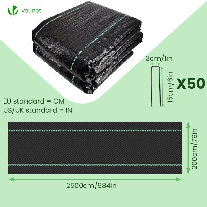 VOUNOT® Toile de paillage 25m x 2m 100g/m² avec 50 piquets de fixation - Bâche géotextile anti UV contre mauvaises herbes