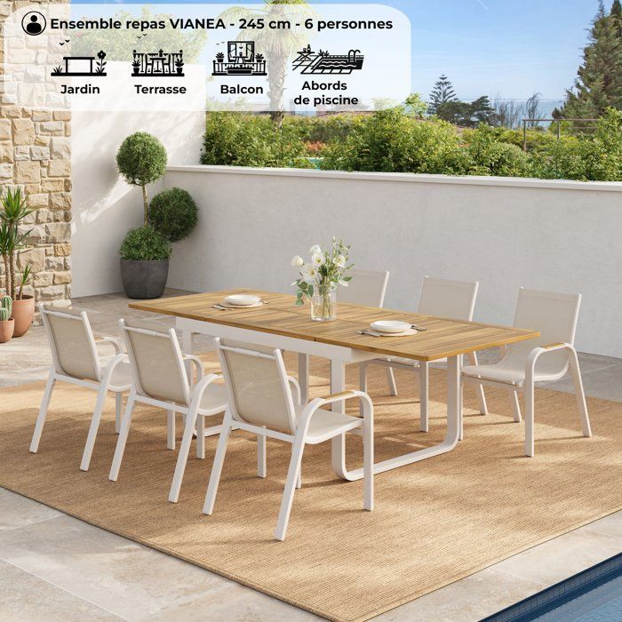 Garden dining set - VIANEA - Extendable table 155/245x100x74 cm + 6 chairs - Aluminium - White and natural - 6 people