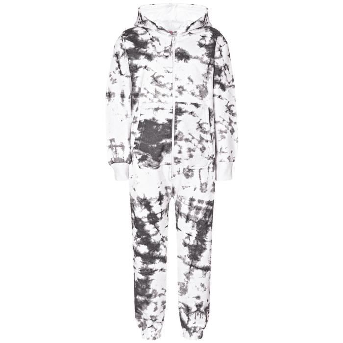 Conjunto de pijama enterizo de felpa para niñas con estampado tie-dye negro, tallas de 5 a 13 años.