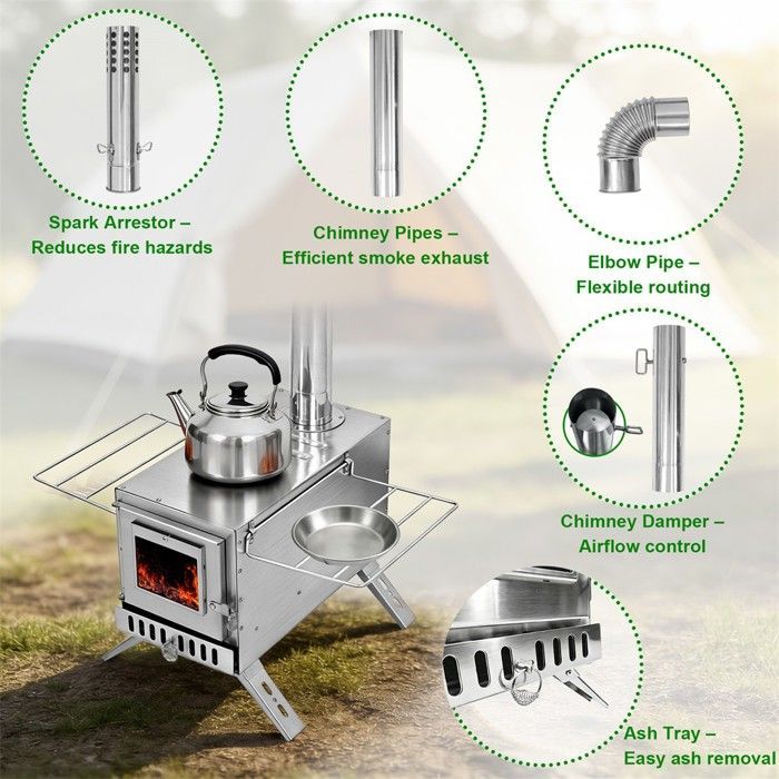 Poêle à Bois Portable - Poêle à Bois Pliable en Acier Inoxydable - Complet avec 7 Tuyaux et 1 Coude - 32.5x33.5x210cm