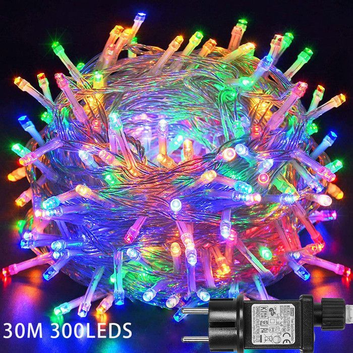 Guirlandes lumineuses Noël Extérieur Multicolore IP44 30m 300LEDs,8 effets,Timer 6h/18h,Basse tension,Parfait pour murs/arbres