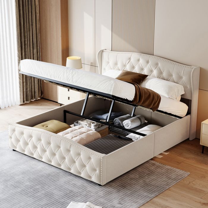 Opbergbed, gestoffeerd bed met hydraulische hendel, volwassenenbed 140x200 cm, bedframe 140 x 200 cm, houten lattenbodem, beige