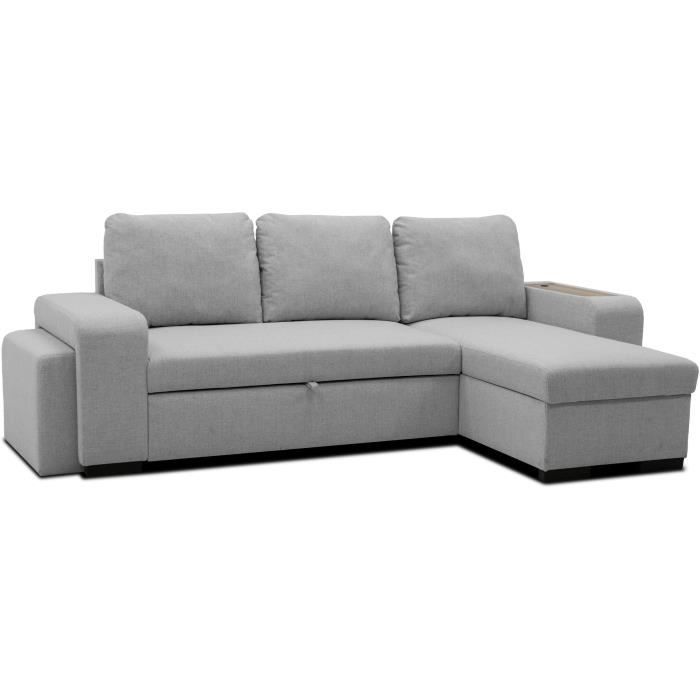 Canapé d'angle convertible réversible VALDO 3 à 4 places - Tissu Souris - Tablette avec USB - Coffre + Pouf - L247xP143xH86 cm