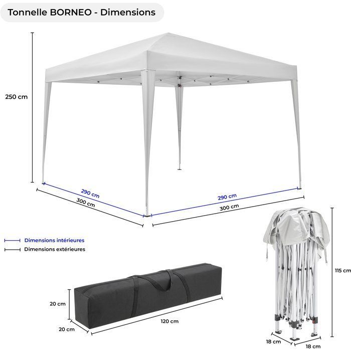 Tonnelle de jardin pliante - BORNEO - Cadre blanc et toile écru - Sac de transport - 3 x 3 m