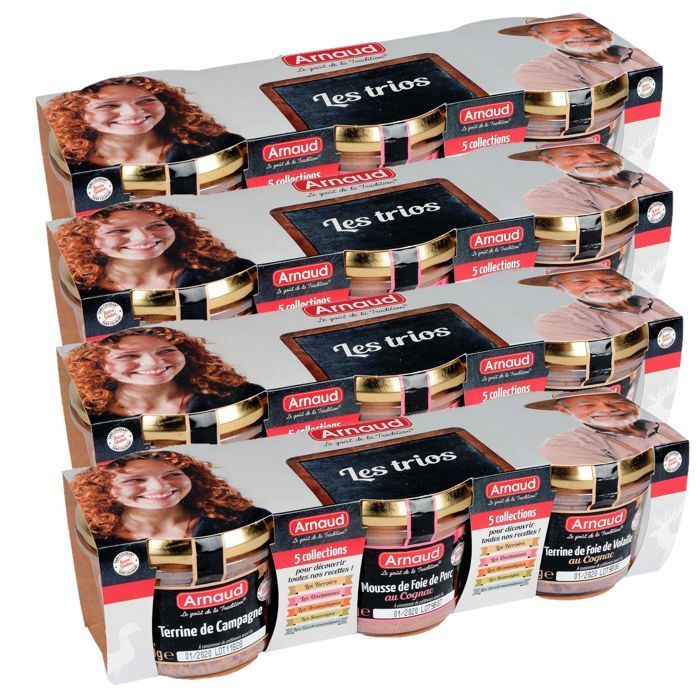 Arnaud - Set de 4 productos: Terrina campestre + Mousse de hígado de cerdo con coñac + Terrina de hígado de ave con coñac - 3 tarros de 180 g
