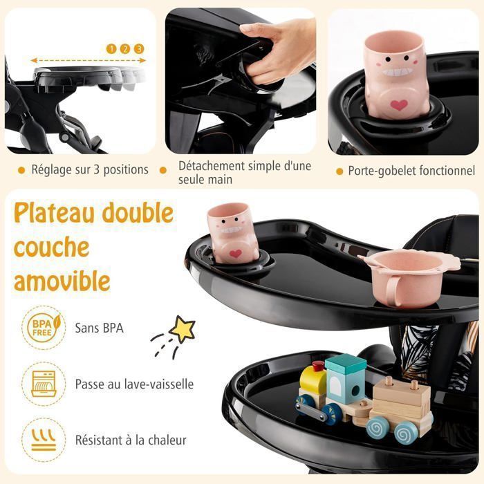 Silla alta plegable para bebé COSTWAY con respaldo reclinable, altura ajustable, bandeja extraíble sin BPA, apta para bebés de 6 meses en adelante, 4 ruedas giratorias, color negro.