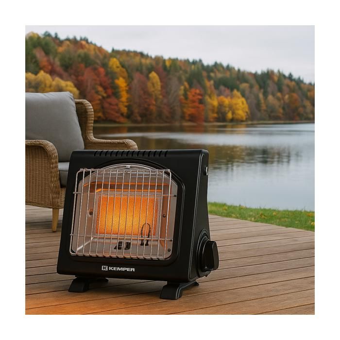 Calentador de gas portátil piezoeléctrico KEMPER de 1700 W con cartucho, sistemas de seguridad integrados y 2,5 horas de autonomía.