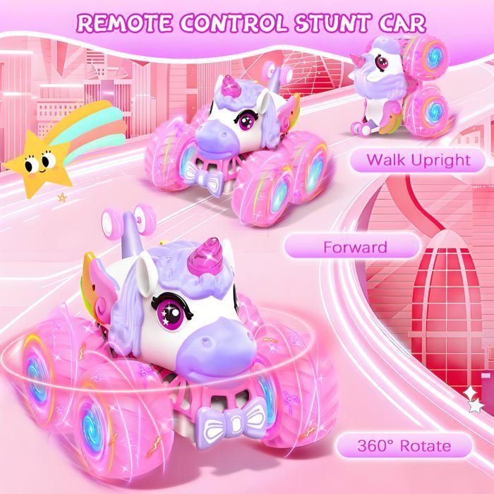 Coche teledirigido - KCVV - Unicorn 2.4GHz - Acrobacias de 360° - Luces LED y música - Neumáticos luminosos