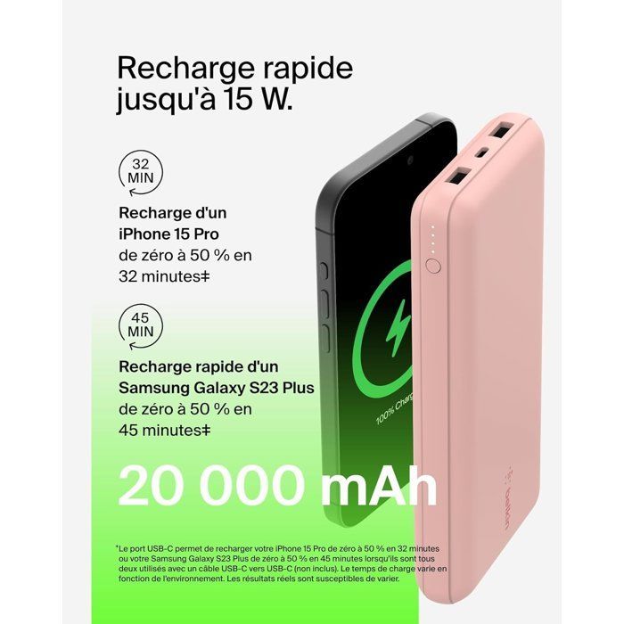 Batería externa - BELKIN - 20.000 mAh - USB-A y USB-C - 15 W - Rosa