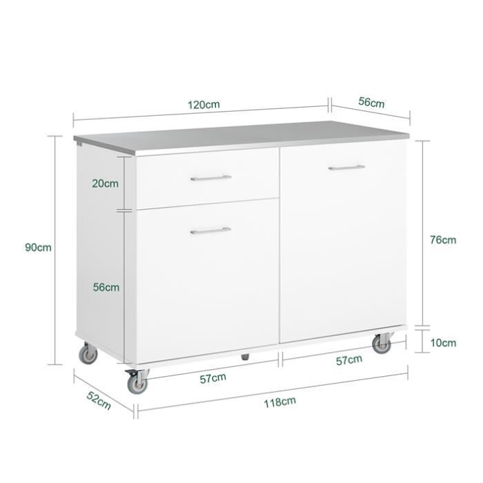 Carrito de cocina SoBuy FKW117-W con ruedas, encimera, cajón y 2 puertas, blanco, 120x56x90 cm