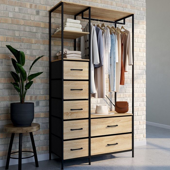 IDMARKET Dressing penderie + colonne L. 90 cm UTAH avec 1 étagère et 7 bacs en tissu bois et noir