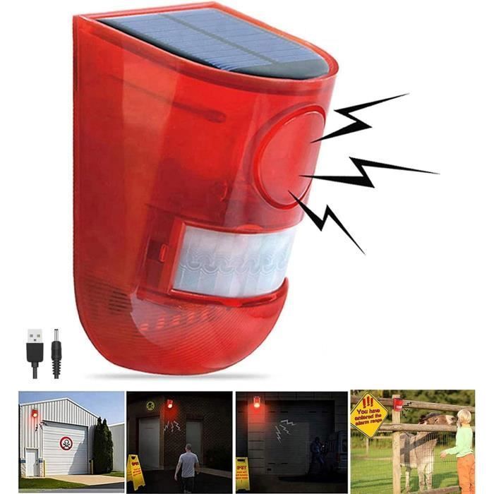 Alarme sonore et lumineuse solaire Détecteur de mouvement Sirène 110 décibels Alerte sonore et avertissement flash 6LED Système