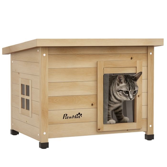 Caseta para gatos - PawHut - caseta elevada de madera para exteriores con techo de asfalto y puerta con cortina - madera - 57x45x43cm - amarillo