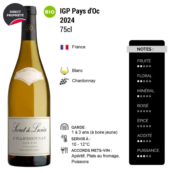 Vignobles Jeanjean Pays d'Oc Secret de Lunès Chardonnay 2024 - Vin Blanc du Languedoc - Roussillon (6x75cl) BIO