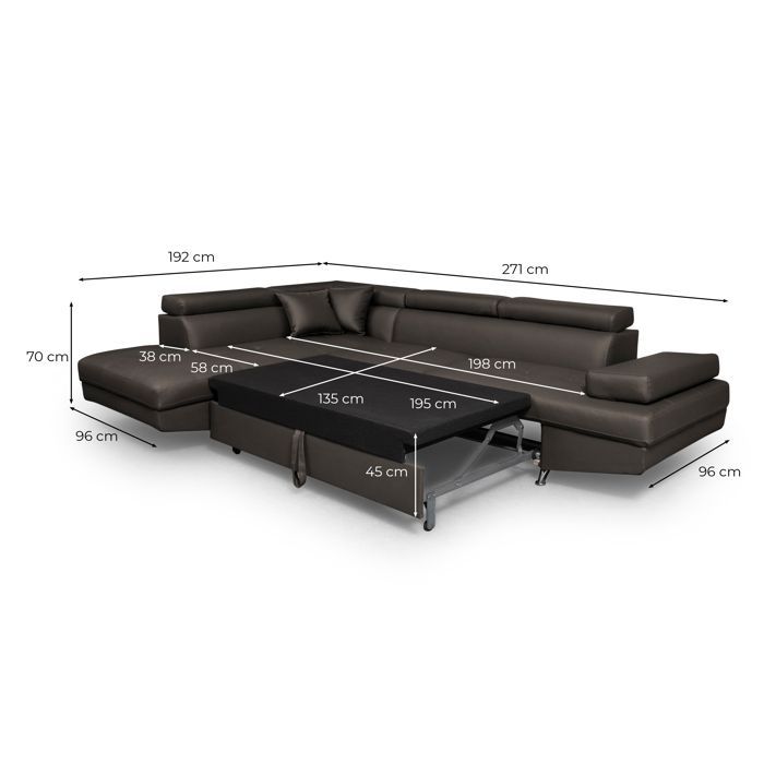 Sofá cama esquinero izquierdo RIO de 5 plazas con almacenamiento en piel sintética - Negro - 271 x 192 x 70 cm - LOUNGITUDE