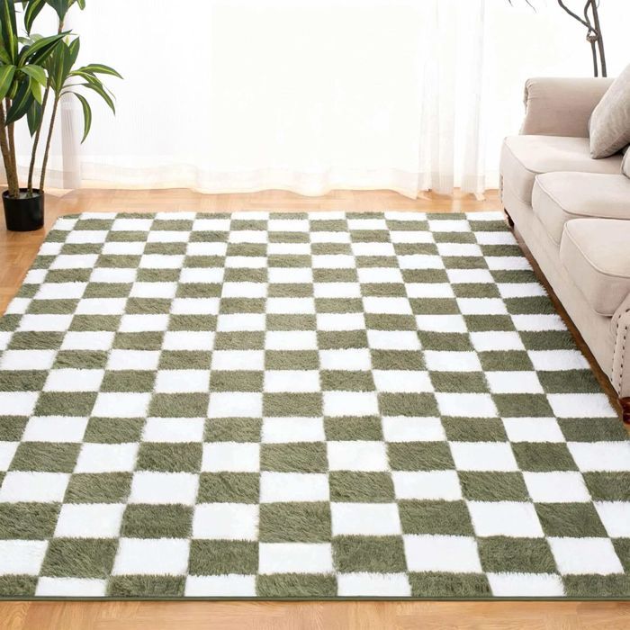 Tapis Salon Shaggy 160 x 230 cm Descente de lit Poils Longs Doux pour Salon Chambre Canapé Moelleux Chambre Blanc Vert