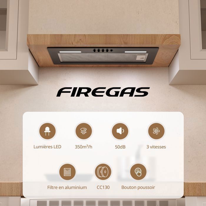 FIREGAS 52 cm inbouwafzuigkap - 350 m³/u afzuigcapaciteit - Efficiënt en stil - 3 snelheden - Zwart - Energieklasse A