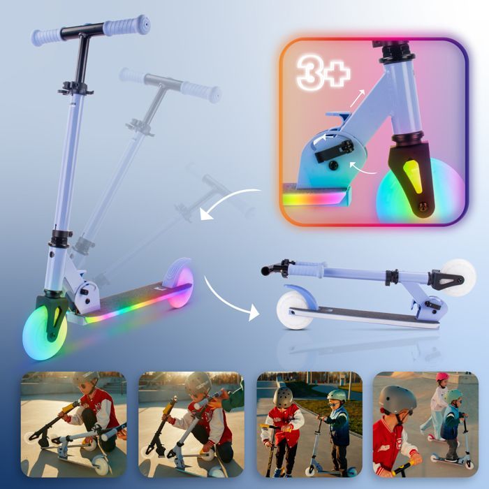 Trottinette enfant - LUMI RIDE - 2 Roues, 7 couleurs LED, 20 programmes - 3+ ans, 50 kg, pliable, réglable - Bleu