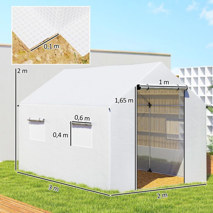 Invernadero tipo túnel Outsunny de 2 x 3 m, 6 m² con puerta enrollable, 4 ventanas - Acero galvanizado, PE de alta densidad, blanco
