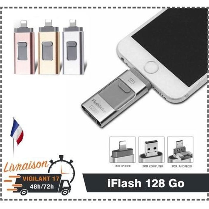 Memoria USB de 128 GB - I-flash - 3 en 1 - Compatible con iPhone/iPad/Android - USB 3.0 - Memoria flash ZISONIX