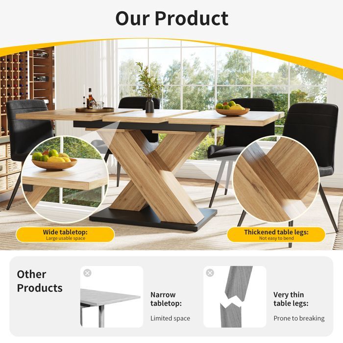 Mesa de comedor extensible de 119-158,5 x 80 cm, de madera con patas ajustables, para 6 a 8 personas, MDF, efecto madera.