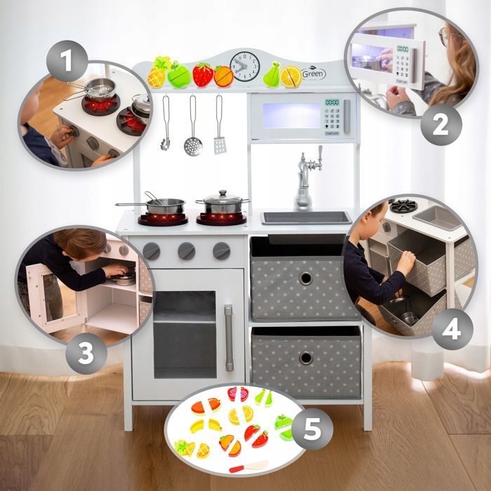 Vintage wooden children's kitchen with light, sounds and accessories, fruits and vegetables to cut (GS0058-1)