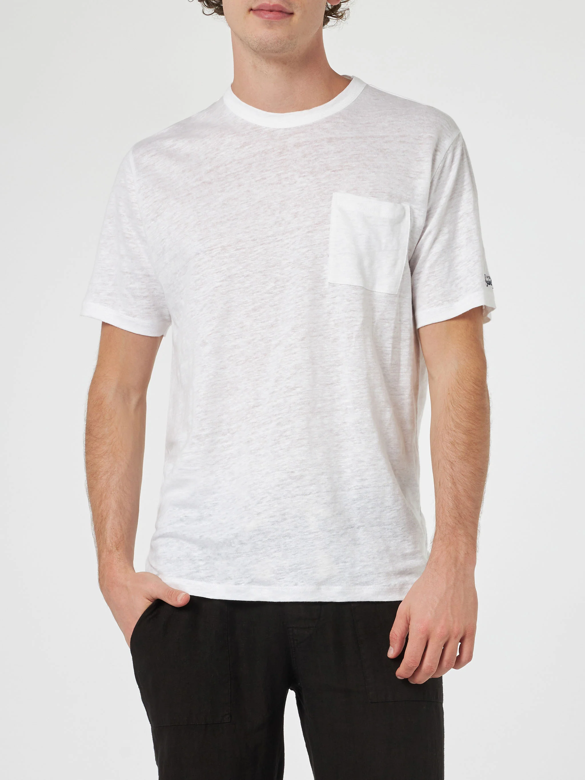 Ecstasea Herren-T-Shirt aus cremefarbenem Leinenjersey mit Tasche