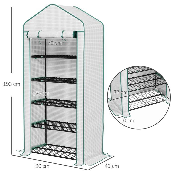 Outsunny 5-stöckiges Gewächshaus mit 1 Rolltor, verstärkter PE-Abdeckung, langlebig, Abmessungen: 90 x 49 x 193 cm (L x B x H)